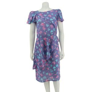 Vintage 80s Charlee Allison Purple Floral Chiffon Asymmetric Peplum Dress Size S